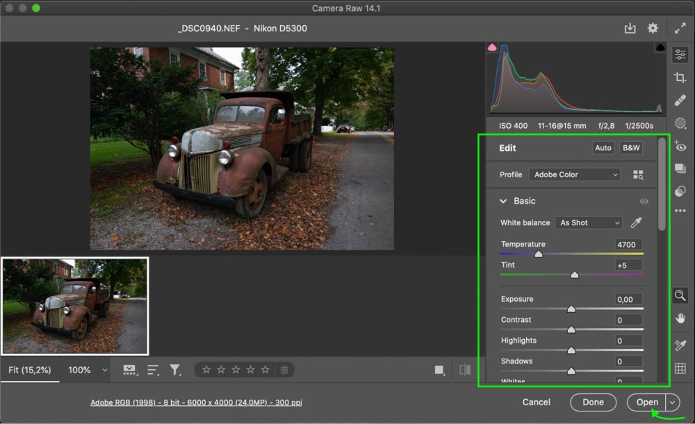 open a jpeg in camera raw