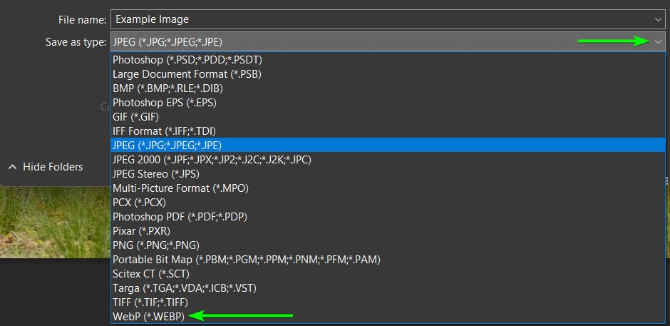 how to save webp file in photoshop